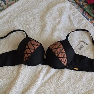 Frederick's of Hollywood Black and Brown Criss-Cross Lace Bra
